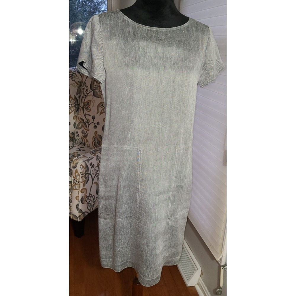 Theory Structured Twill Shift Dress Gray Linen Sz Sm Cap‎ Sleeve Classy NWT $395